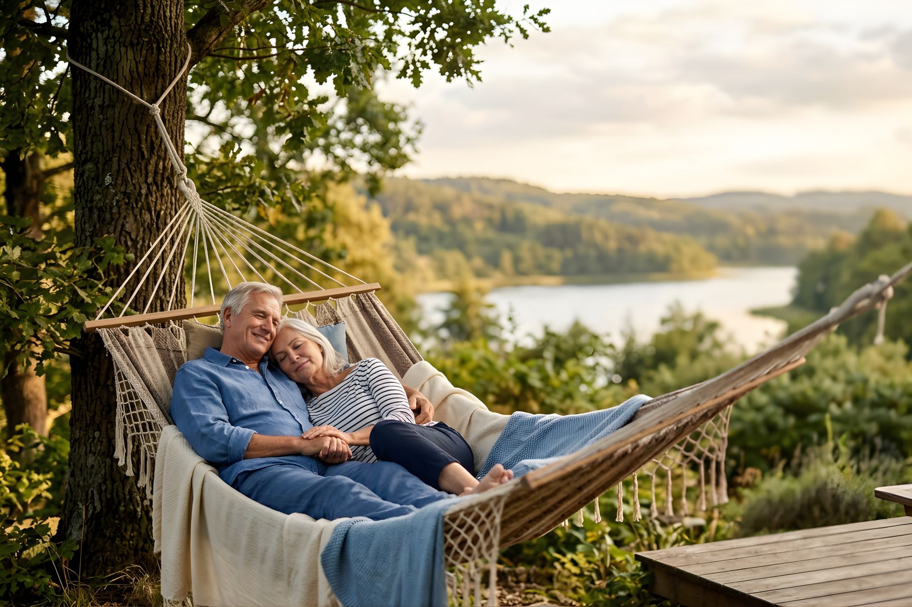 Happy senior couple resting in a hammock outdoor